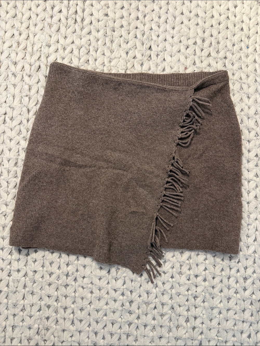 Aqua Chocolate Brown Knit Fringe Mini Skirt